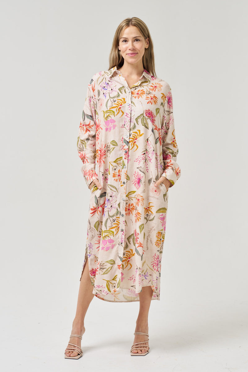 Worthier -Natura Floral Button LS Shirt Dress