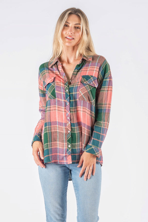 Worthier - Shayla 100% Linen Coral Check Shirt