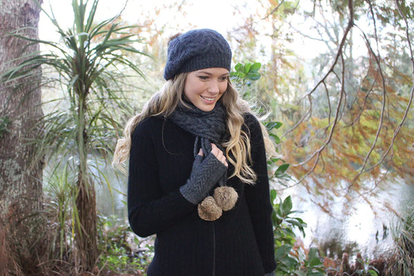 Lothlorian - Cable Scarf with Pom Pom -Charcoal