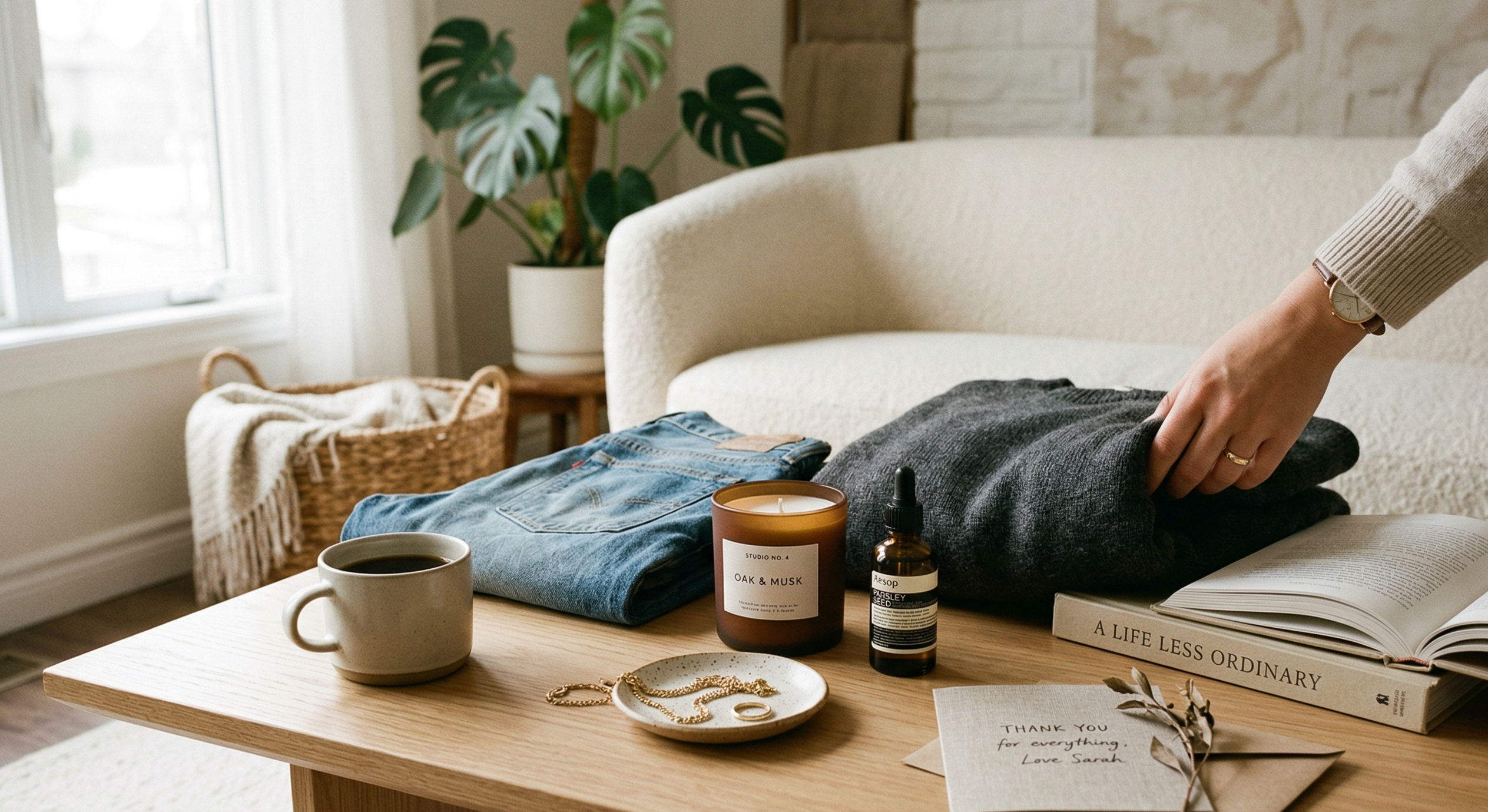 Cozy living room with a table, books, and a candle