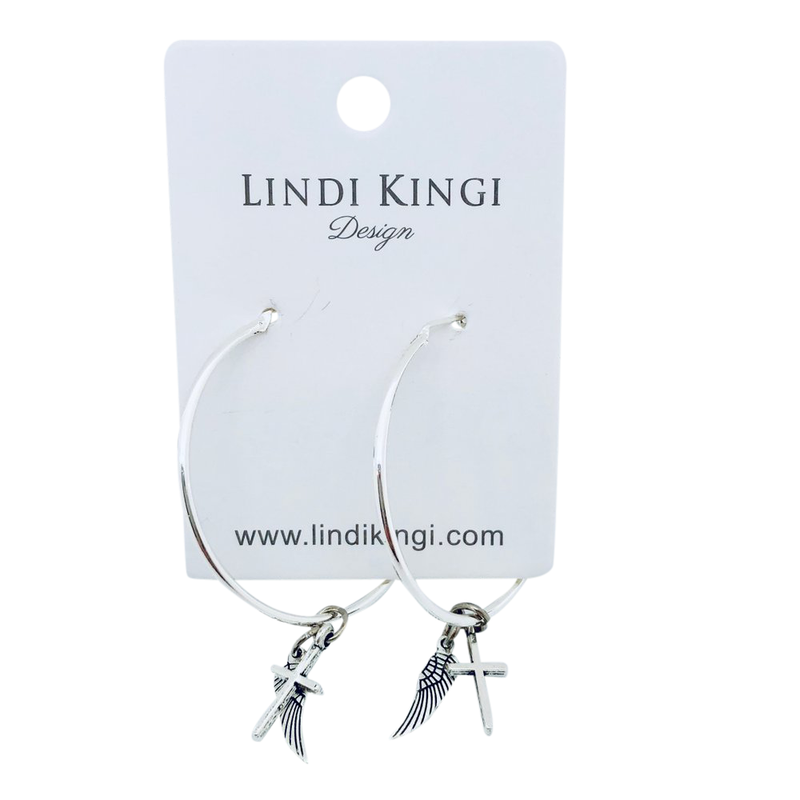Lindi Kingi - Wings and cross hoop earrings